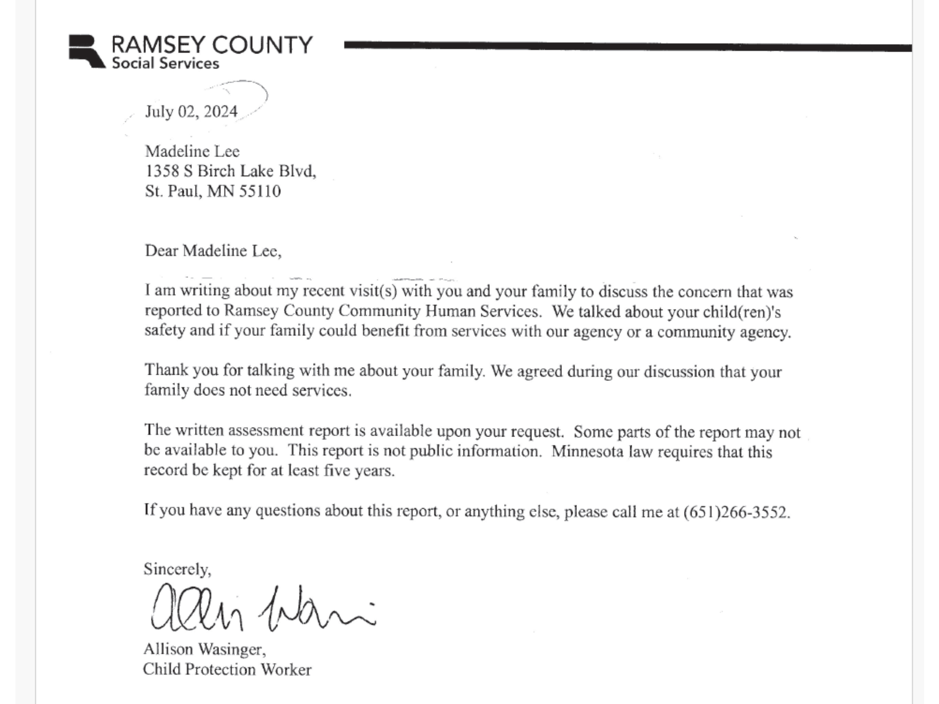 Letter from Ramsey County Child Protection Services dated July 2024