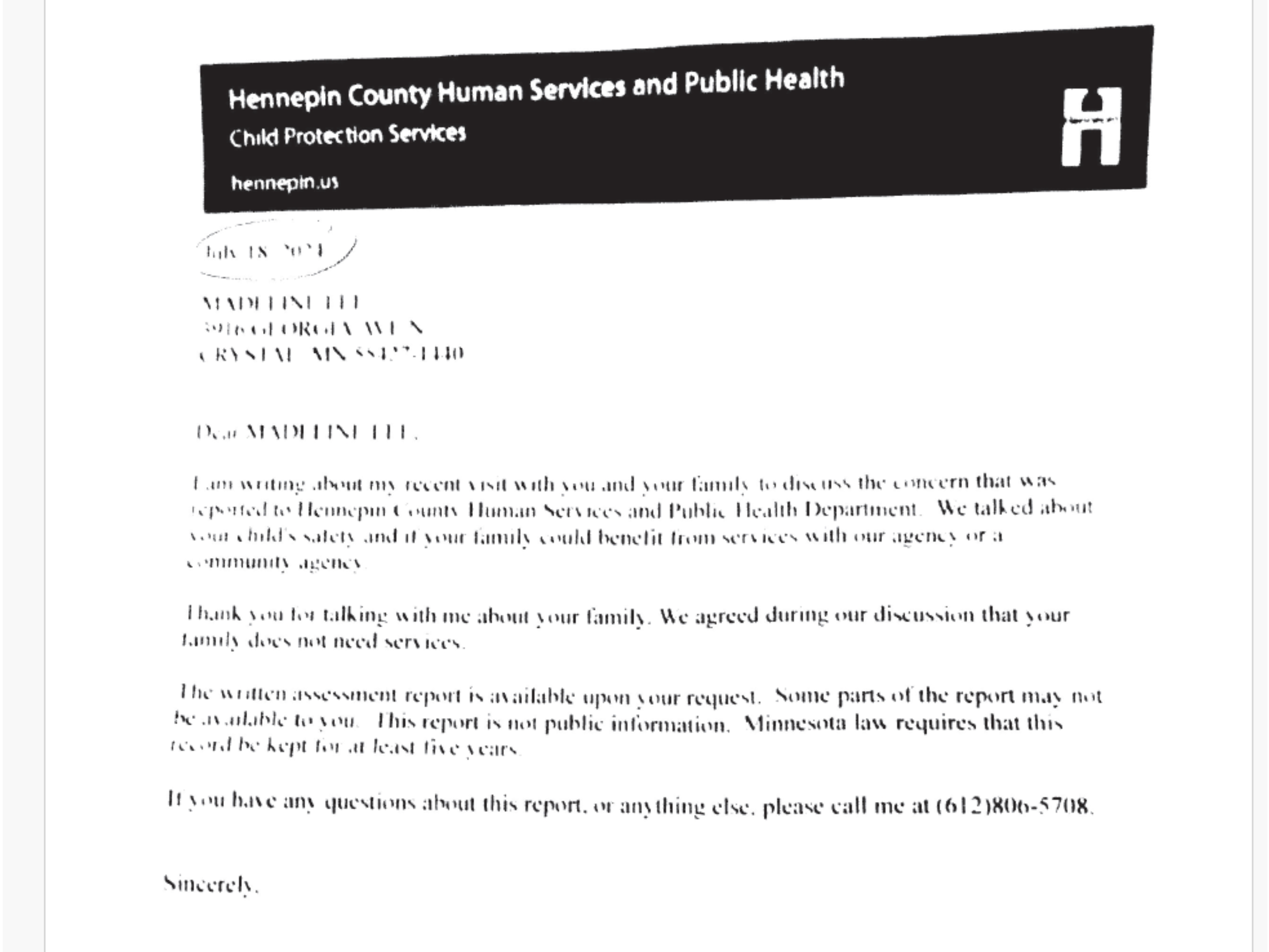 Letter from Hennepin County Child Protection Services dated July 2024